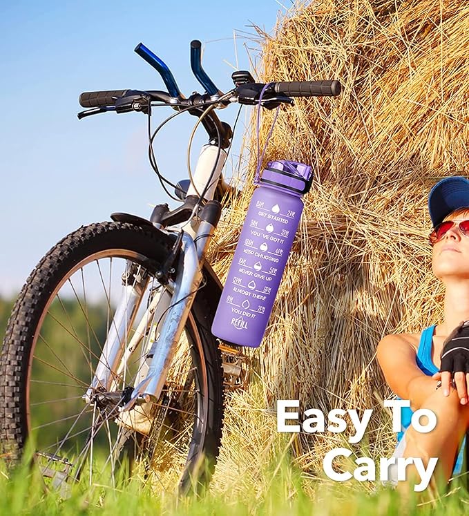 32oz/26oz Motivational Water Bottle with Time Marker & Fruit Strainer, Leak-proof BPA Free Non-Toxic 1l Bottle with Carrying Strap, Perfect for Fitness, Gym and Outdoor Sports, Plastic