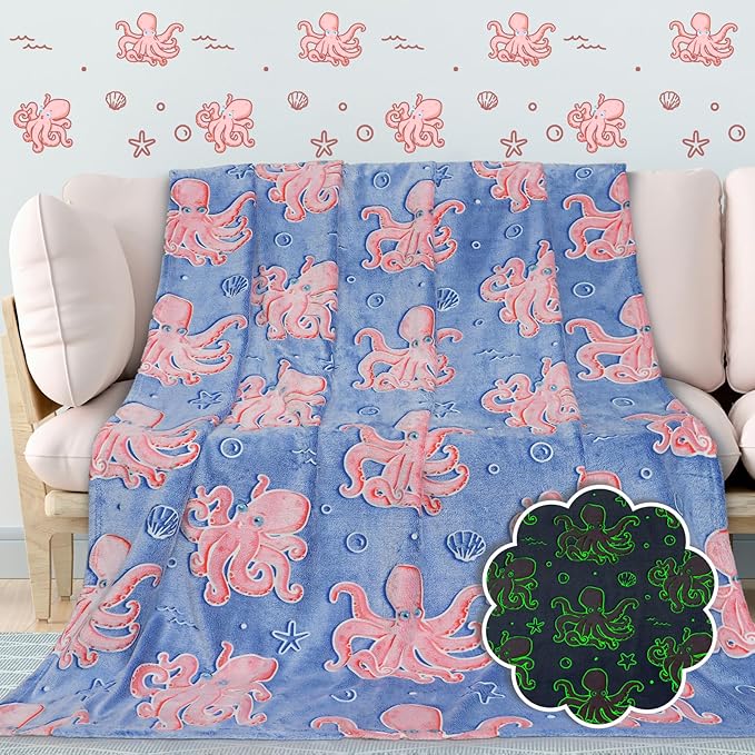 BORORO Glow in The Dark Blanket Octopus Gifts Toys for Kids Soft Cute Blanket Ocean Themed Gifts Blankets for Girls Boys