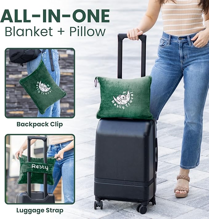 Resty Travel Blanket - Compact Airplane Blanket with Bag - Small and Lightweight Traveling Blanket & Pillow - Portable Blankets with Carabiner for Easy Transport - Plane Train Car (Forest Green)