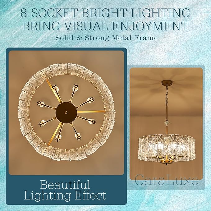 Modern Glass Chandelier Gold Drum Chandelier Light Fixture Round 24in Dining Room Chandelier Lighting 8 Light Ripple Glass Chandelier for Living Room Bedroom Entry Foyer