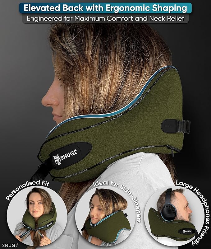 SNUGL Neck Travel Pillow - Memory Foam Airplane Pillow - Flight Pillow | Neck Support Travel Pillow with Carry Bag & Clip | Neck Pillows for Sleeping Travel Plane | Flying Travel Essentials - O.Green