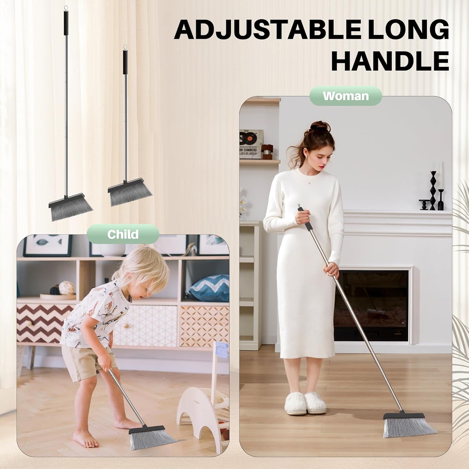 JOYMOOP Black Broom and Dustpan Set with 56” Handle, Upright Angle Design for Pet Hair and Hard Floor Sweeping