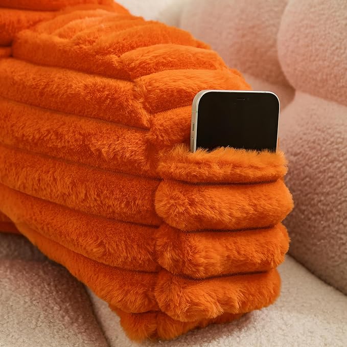 WERDIM Reading Pillow for Sitting in Bed, Faux Fur Back Pillow for Bed Rest, Bed Chair Pillow with Arms and Pockets(Large, Orange)