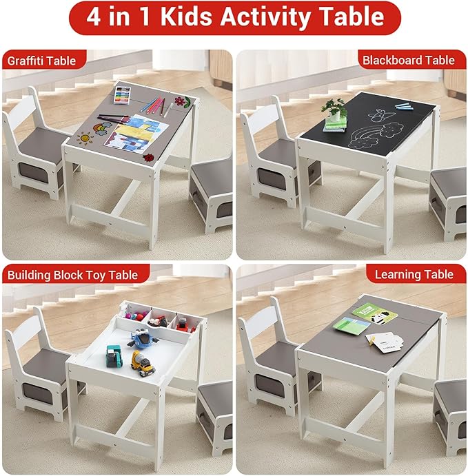 4-in-1 Kids Activity Table Set, Kids Table and Chair Set with/Storage, Removable Tabletop, Chalkboard, 3-Piece Toddler Furniture Set for Art, Crafts, Drawing, Reading, Playroom