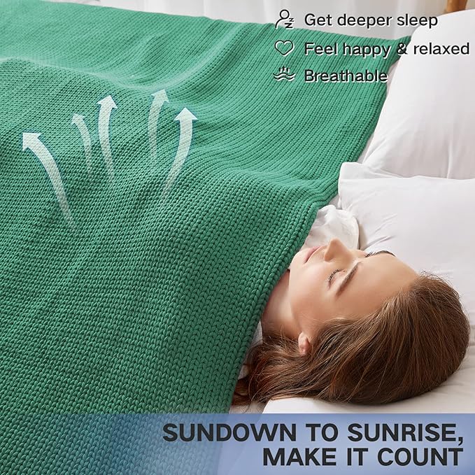 Knitted Weighted Blanket(Green 50"x75" 12lbs),Home Décor Cooling Throw Blanket for Hot Sleepers,Hand Made Chunky Knit Heavy Blanket for Adults Use on Full Size Bed