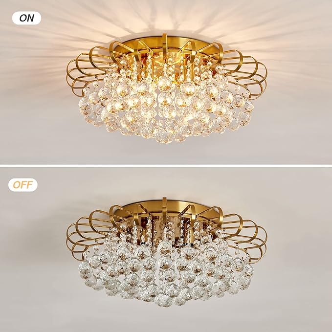 CVKASH 4-Lights Crystal Chandelier Modern Semi Flush Mount Ceiling Light Fixture Ceiling Lighting for Living Room Hallway Dining Room Kitchen Bedroom (Gold)