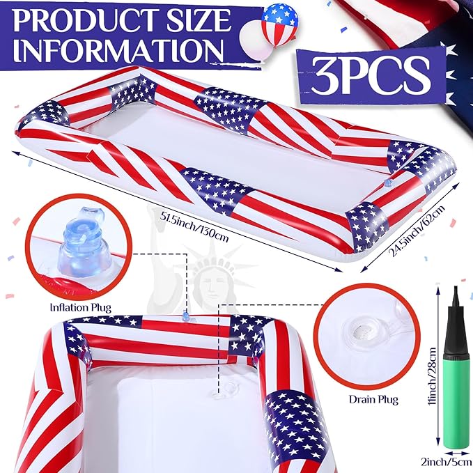 3 Pcs Patriotic Inflatable Serving Bars Summer Ice Buffet Salad Serving Trays Ice Holder for Party 4th of July Party Supplies, Independence Day Fourth of July Party BBQ Cooler Indoor Outdoor