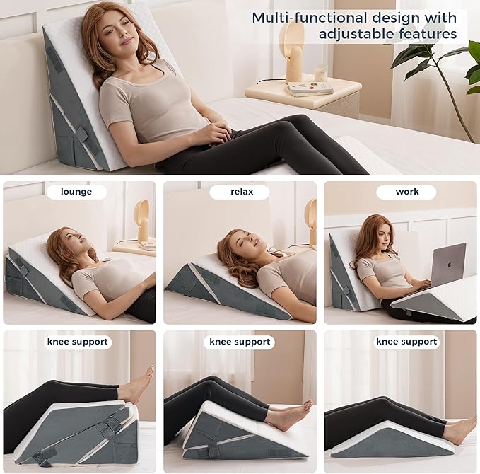 3PCS Bed Wedge Pillow Set - Memory Foam Adjustable 8&12'' Folding Triangle Pillow for Leg Knee Support Sleep Apnea Back Pain Relief Acid Reflux Snoring Sitting Up Rest Post Surgery Recovery
