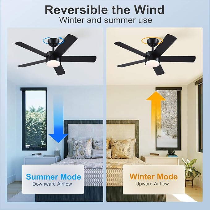 42 inch Black Ceiling Fan with Light Remote Control, LED Ceiling Fans with Lights, 3-Colors Dimmable, Reversible, Modern Ceiling Fan for Bedroom, Dining Room, Living Room