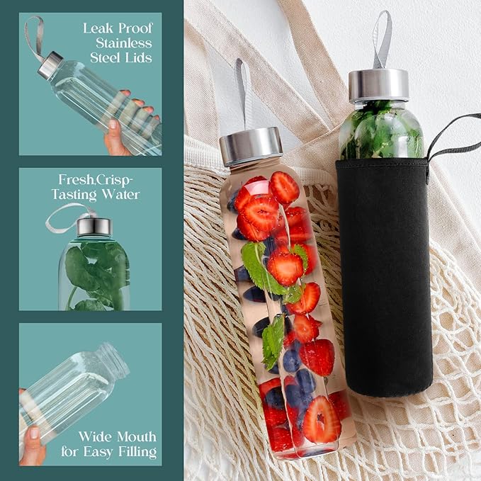 32 oz Glass Water Bottle Set of 4 - Reusable, Eco-Friendly, Airtight, Leak Proof Bottles for Travel