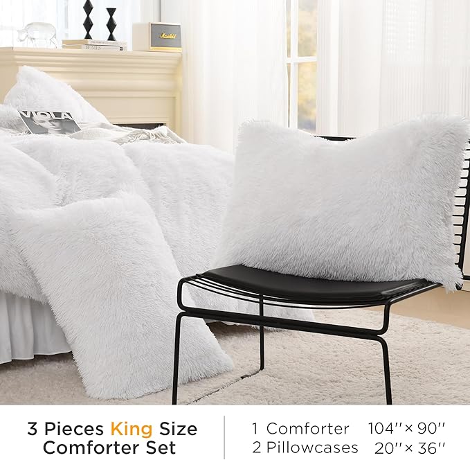 Litanika White Fluffy Comforter King Size, Luxury Shaggy Faux Fur Plush Bedding Set for King Bed, Ultra Soft Warm Velvet Comforter 3 Pieces(1 Fuzzy Comforter 104×90 Inch, 2 Pillowcases)