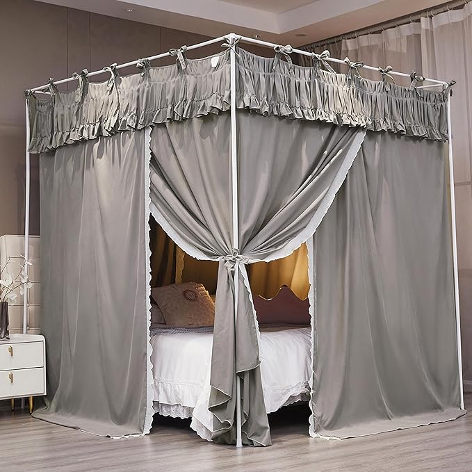 Ruffle Lace up 4 Corners Post Princess Curtain Bed Canopy Cozy Breathable Mosquito Net Cloth for Girls Adults Bedroom Decoration (Grey, 78" W*86" L*82" H/King)