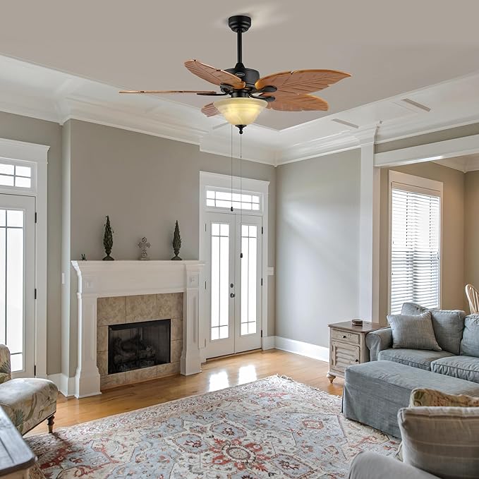 JONATHAN Y JYL9720C Poinciana 52" 3-Light Coastal Bohemian Iron/Wood Palm Leaf LED Ceiling Fan with Pull Chain Rustic, Eclectic, Transitional, Office, Living Room, Dining Room, Bedroom, Light Brown