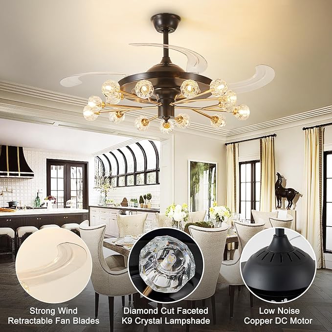 Sputnik Ceiling Fan with Light: Black Modern Chandelier with Fan for Indoor - Crystal 48" Fandelier with 15 Lights for Living Dining Room Kitchen - Retractable Ceiling Fan with Lights