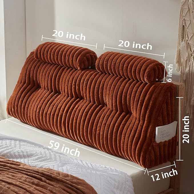 Faux Fur Headboard Pillow with 2 Pack Neck Roll Pillow Large Headboard Pillow Soft and Supportive with Removable Cover (Brown, Queen)