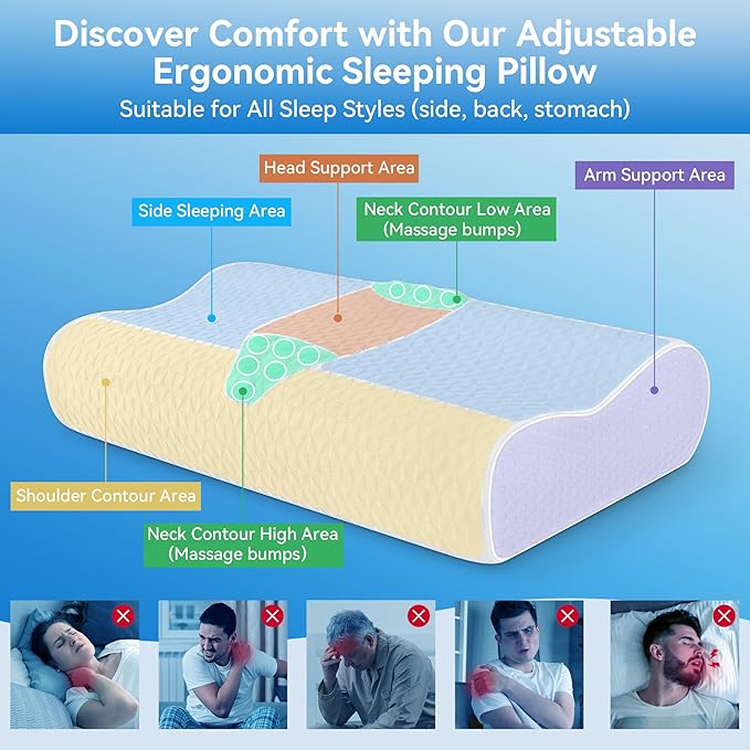 Sandwich Cervical Neck Pillow Queen Size, Dynamic Memory Foam Pillow for Sleeping, Adjustable Contour Ergonomic Orthopedic Cooling Pillow for Side, Back & Stomach Sleepers CertiPUR-US