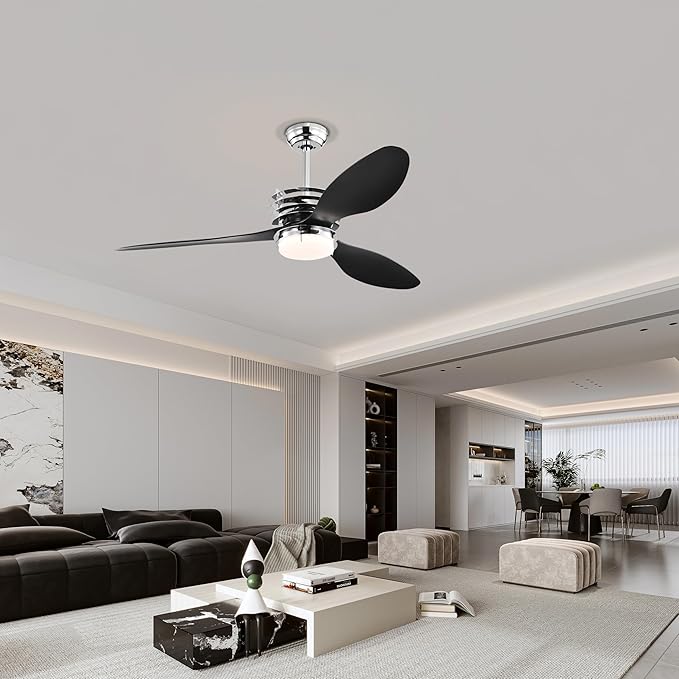 NicBex Ceiling Fan 52 Inch Ceiling Fan with Lights Ceiling Fans with 3 ABS Blades and Remote Control DC Motor Ceiling Fan with Down Rod Mount for Bedroom, Living Room, Black
