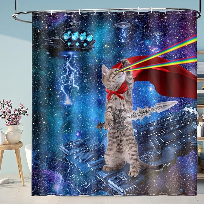 Aimego Extra Long Shower Curtain - Funny Cute Cool Cat on Fantasy Outer Space Galaxy Universe UFO Fabric Cloth Shower Curtain Set with 12 Hooks Bathroom Decor Accessories Bathtub Curtain, 72"x84"