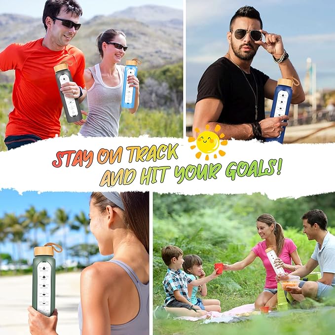 32 Oz Borosilicate Glass Water Bottle with Times to Drink | BPA Free - Reusable Wide Mouth Glass Motivational Water Bottles with Infuser & Silicone Sleeve (azure)