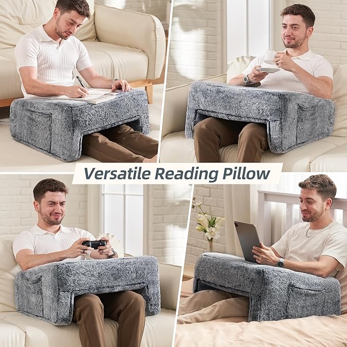 Homguava Reading Pillow Memory Lap Desk Foam Pillow for Adults Gaming Pillow Arm Rest Pillow for Reading, Crocheting, Gaming or Sitting in Bed (Furry Grey, Large)
