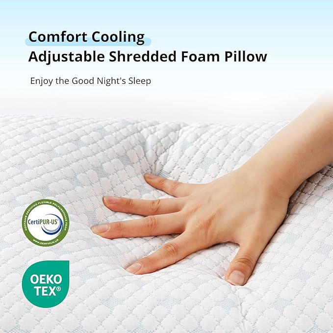 Cooling Shredded Memory Foam Pillows for Hot Sleepers, Adjustable Bed Pillows for Side, Back or Stomach Sleepers, Neck Pillows for Sleeping, Queen Pillow with Removable Cover (1 Pack, Cooling)