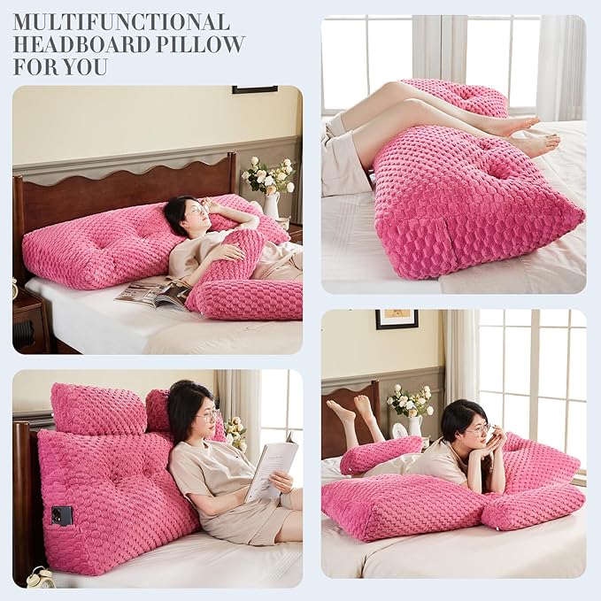 Wedge Headboard Pillow - Bed Wedge Pillow for Headboard Triangular Headboard Pillow with Neck Roll Pillow-Large Bolster Pillow for Sitting in Bed Backrest Positioning Support (Fushia,76x8x20 Inches)