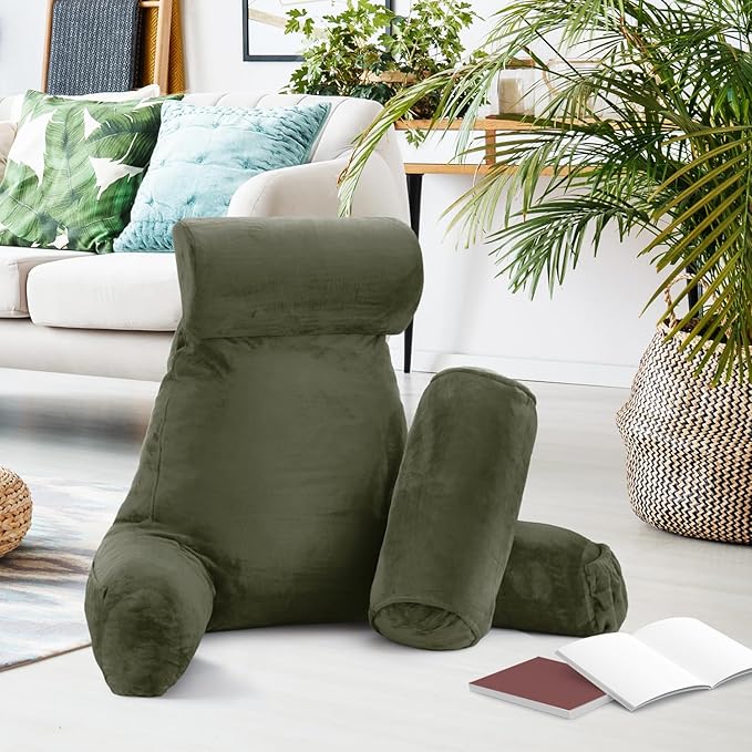 Nestl Reading Pillow Large Bed Pillow, Back Pillow for Sitting in Bed Shredded Memory Foam Chair Pillow, Reading & Bed Rest Pillows Olive Green Back Pillow for Bed, Bed Chair Arm Pillow with Pockets