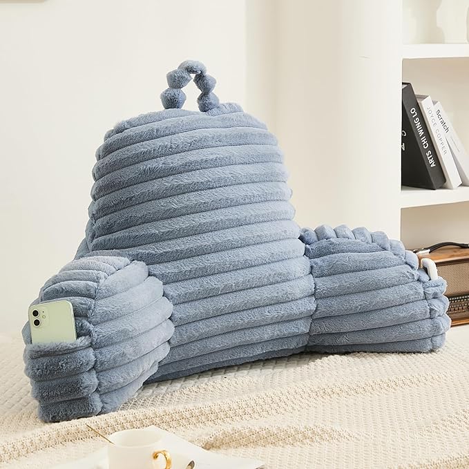 Faux Fur Fluffy Dusty Blue Reading Pillow with Pockets, Luxury Striped Plush Decorative, Arm Rests and Back Surport for Bed Rest, Lounging on sofa, Standard