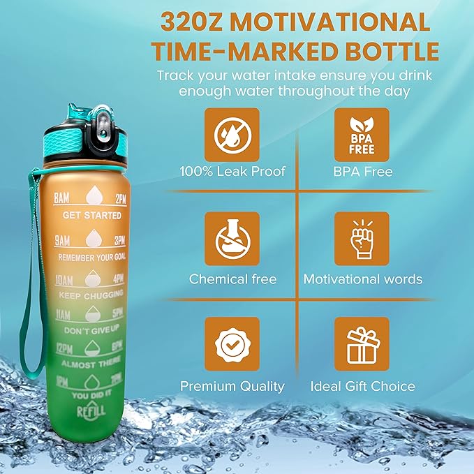 32oz Large Water Bottle with Motivational Time Marker - Sport Style with Deluxe Sip-Gulp Lid, Durable Tritan Plastic, Food Grade, Dishwasher Safe, Carry Strap (Light-Orange-Green)
