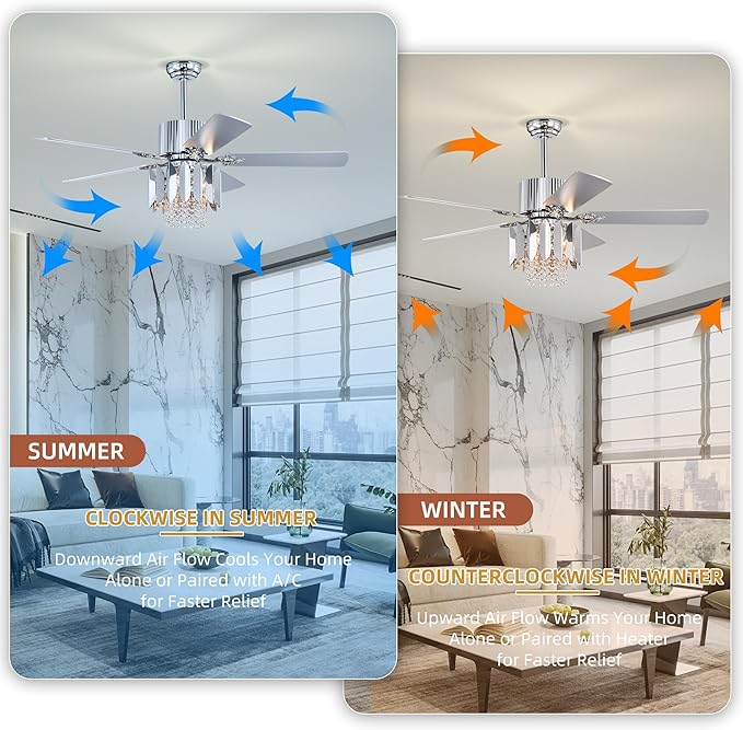 NicBex Ceiling Fan 52 Inch Ceiling Fan with Lights Ceiling Fans with 5 Reversible Blades and Remote Control Ceiling Fan with Crystal Lamp Shade for Bedroom, Living Room, Silver