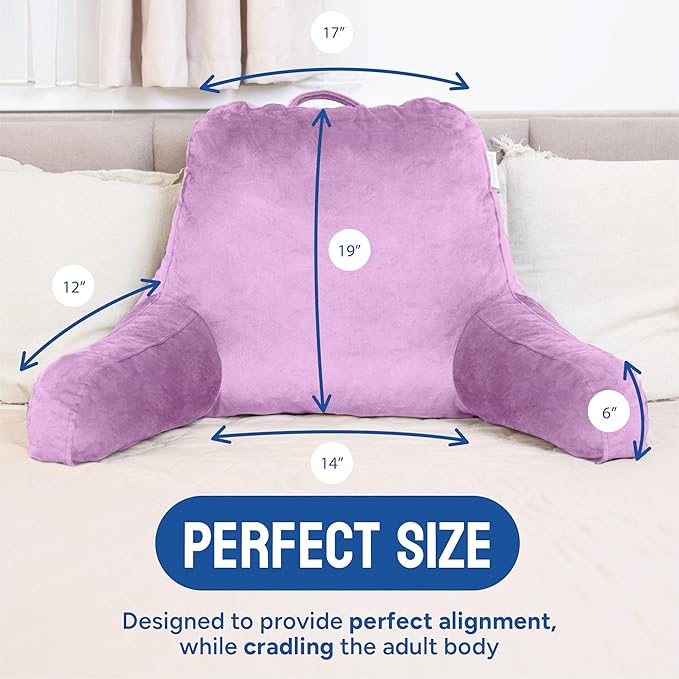 ComfortSpa Reading Pillow for Bed Adult Size, Back Rest Pillow with Arms, Pockets and Washable Cover; Use as a Back Pillow for Sitting in Bed for Bedrest or Relief from GERD Heartburn (XL Lavender)