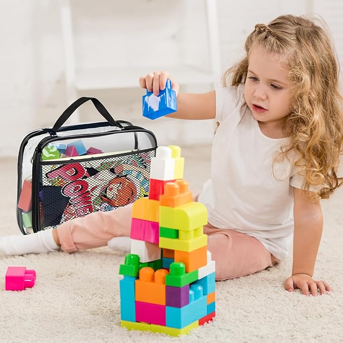 4 Packs PVC Toy Zippered Blocks, Travel Storage Case Bags for Organizing, Waterproof Toy Storage Bags with Mesh Pockets for Building Blocks, Puzzles, Clays,Toy Cars 11.8"Lx3" Wx9" H (Black).