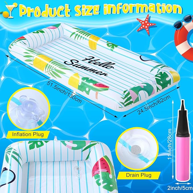 3 Pcs Inflatable Serving Bars Summer Ice Buffet Salad Serving Trays Ice Holder for Party BBQ Picnic Inflatable Drink Cooler with Drain Plug Air Pump Luau Pool Party Supplies (Palm Leaf)