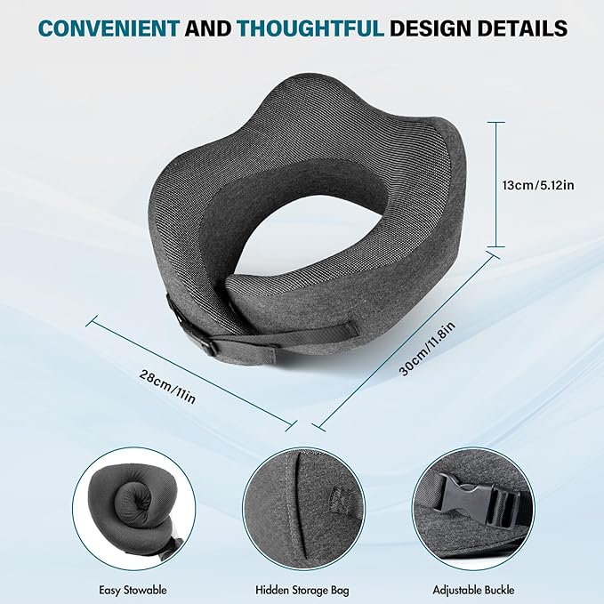 PORTHOLIC 2024 Upgraded Travel Neck Pillow with Buckle,100% Pure Memory Foam Travel Neck Pillow for Airplane Travel Flight Headrest Sleep, Portable Plane Accessories(Dark Grey)