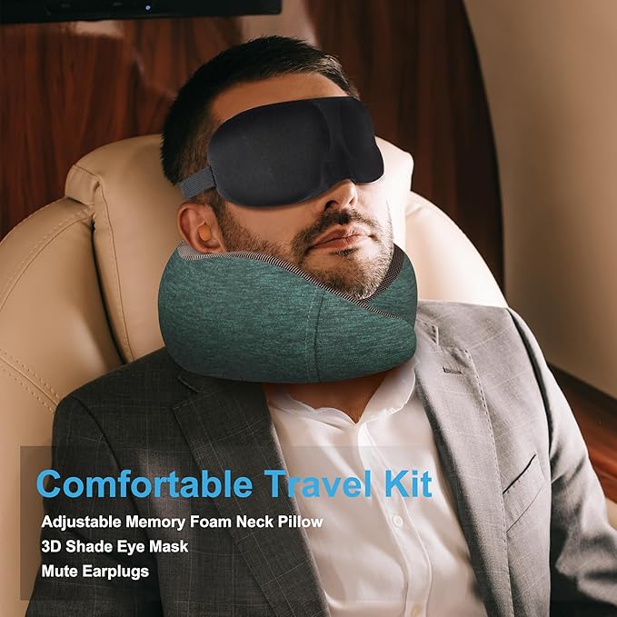 MULIHOMI™ New Packaging Updated Travel Pillow for Airplane with 100% Memory Foam, 360° Adjustable Full Surrounding Flying Neck Pillows, Travel Pillow Set with 3D Eye Masks, Earplugs (Deep Green)