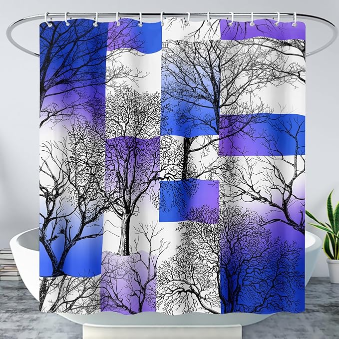 AILONEN Blue and White Tree Abstract Shower Curtain,Minimalist Printed Plant Tree Arts Bath Curtain,Modern Boho Waterproof Curtain for Bathroom Decor, 36" W x 72" H