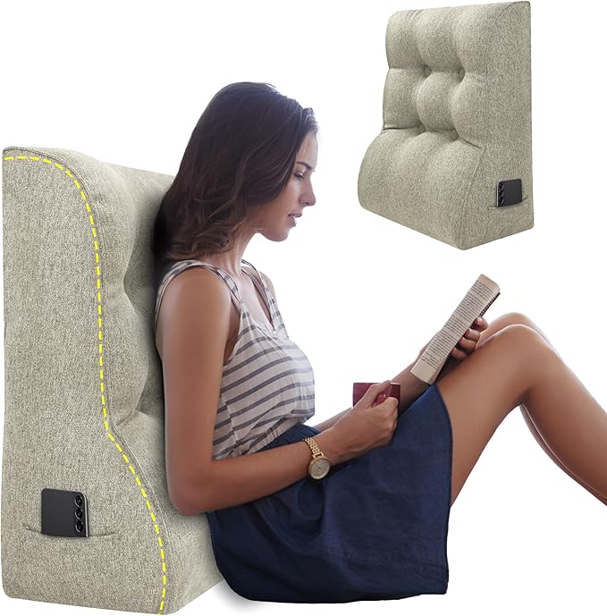 Daneey Reading Pillow for Bed Adult, Back Pillow for Bed Sitting Up, Back Support Pillow for Bed, Wedge Pillow for Neck, Lumbar, Back, 20 * 12 * 26IN, Beige
