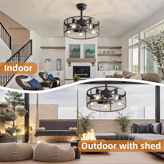 NicBex Ceiling Fan 20 Inch Ceiling Fans with Lights Caged Ceiling Fan with Blades and Remote Control Down Rod Mount Ceiling Fans for Bedroom, Living Room, Black Gray