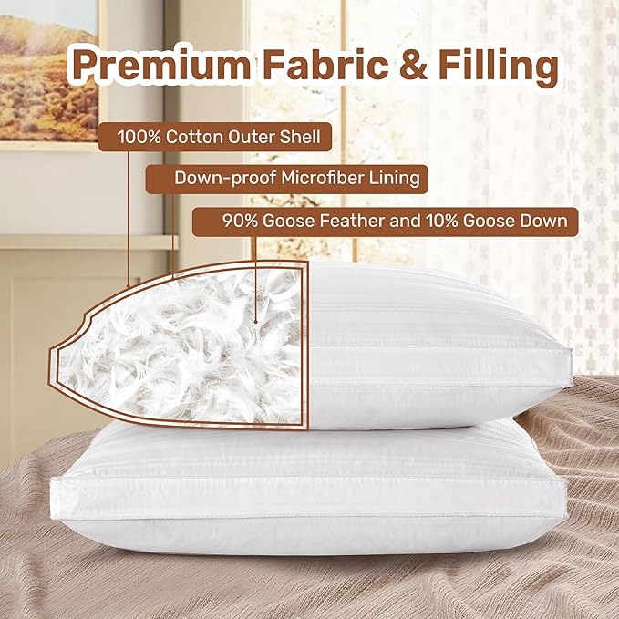 UNIKOME Goose Feathers and Down Pillows with 2 Gusseted Outer Protectors, White Cotton Fabric Bed Pillows for Back Stomach Side Sleepers, Standard/Queen, 20 x 28 inches, Pack of 2