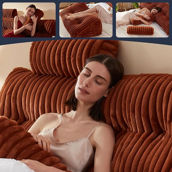 Faux Fur Headboard Pillow with 2 Pack Neck Roll Pillow Large Headboard Pillow Soft and Supportive with Removable Cover (Brown, Twin)