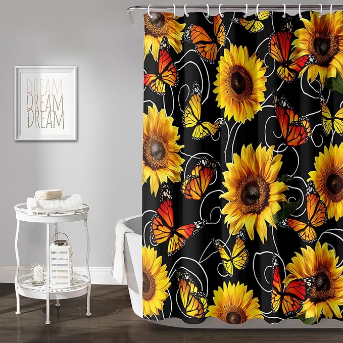 AILONEN Yellow Sunflower and Butterfly Shower Curtain,Garden Flower Black Bath Curtain,Modern Botanical Floral Waterproof Shower Curtain, 72" W x 72" H