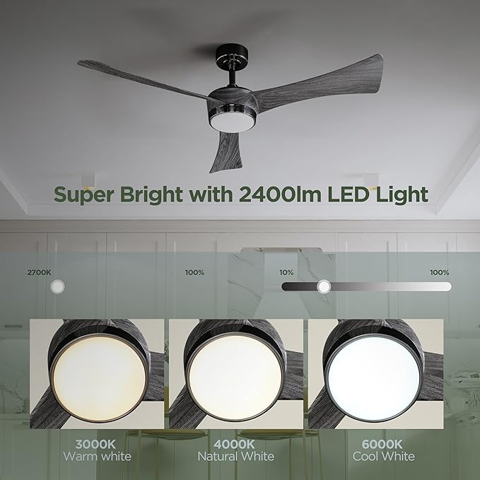 Ceiling Fan 52'' With Light: Modern Remote Control Fans with Water Transfer Printing 3 Blades - Quiet Reversible DC Motor - Outdoor Indoor