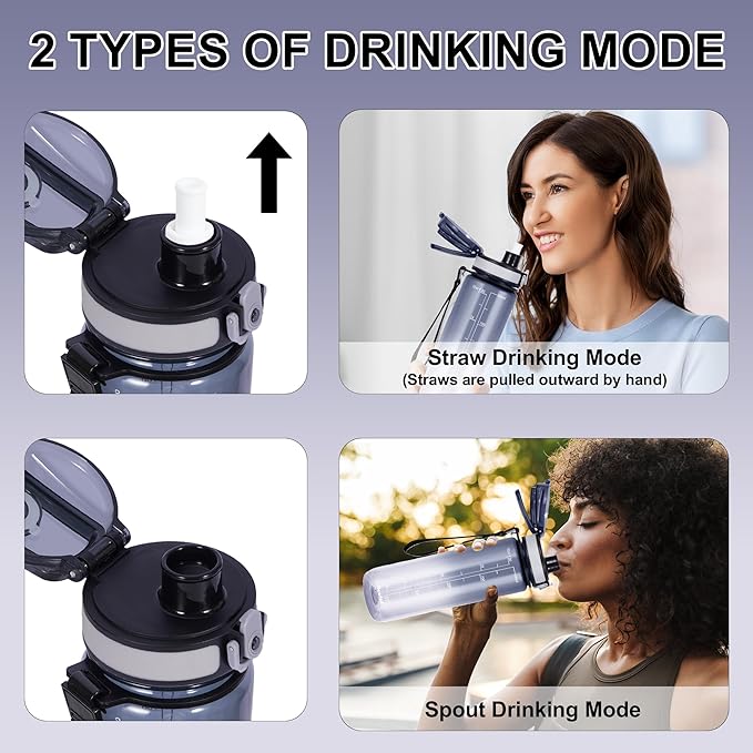 32 oz Water Bottle with Detachable Straw, Clear Motivational Water Bottles with Time to Drink, Tritan & BPA Free Sports Water Jug with Time Marker, Upgraded handle design