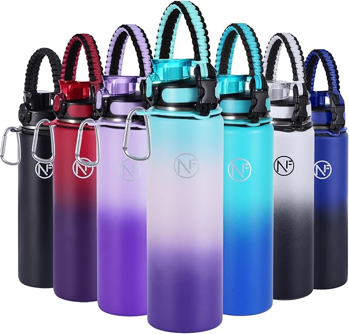 32 oz Insulated Water Bottle With Detachable Straw & Paracord Handle, Stainless Steel Thermos Water Bottle with Leakproof Lockable Lid, BPA-Free Sports Bottle (Green Pink Purple Gradient)