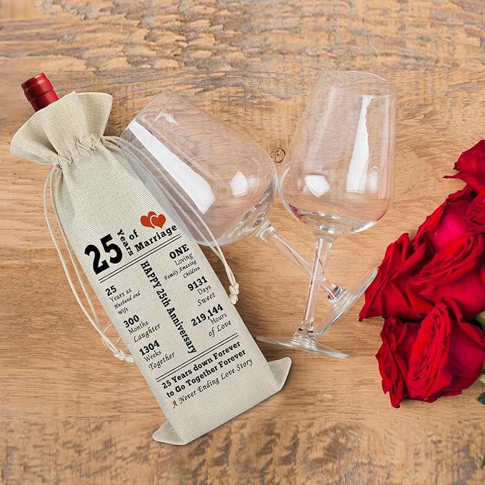25 Year Marriage Gift for Wife Husband Wine Bag 25th Anniversary Wedding Gift for Her Him Drawstring Burlap Wine Bag Anniversary Keepsake Gift for Couples Friend Valentine Gift for Husband Wife