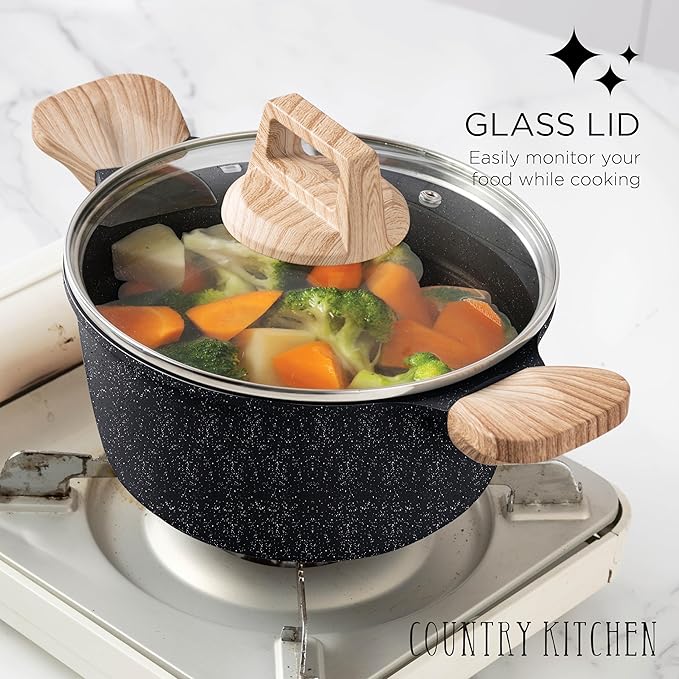 Country Kitchen Pots and Pans Set Nonstick, Cast Aluminum Kitchen Cookware Set with Utensils, 14 Pcs Non Stick Cooking Set w/Frying Pans & Saucepans