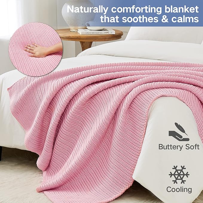 Knitted Weighted Blanket(Pink 50"x60" 7lbs),Home Décor Cooling Throw Blanket for Hot Sleepers,Hand Made Chunky Knit Heavy Blanket Use on Twin Size Bed