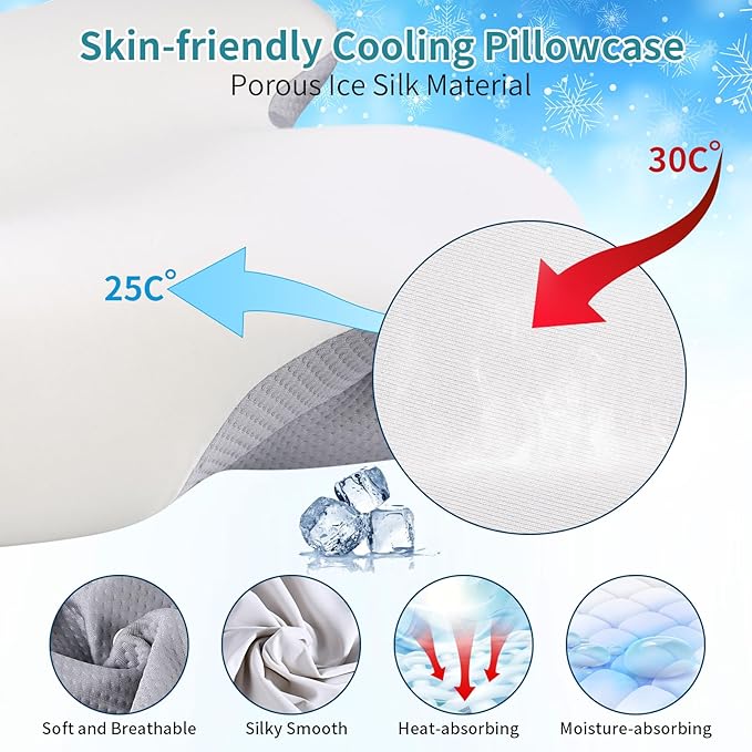 Cervical Neck Pillow for Pain Relief - Contour Memory Foam Pillows with Cooling Pillowcase, Neck Support Pillows for Sleeping, Ergonomic Orthopedic Pillow for Side, Back, Stomach Sleepers (White)