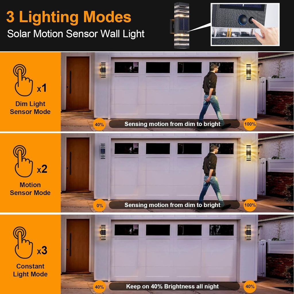 2 Pack Solar Outdoor Wall Lights with Motion Sensor 3-Mode Motion Outdoor Sconces 3000K 500LM Dusk to Dawn Solar Porch Light Fixtures Modern Up Down Exterior Wall Lamp for House Garage Front Door