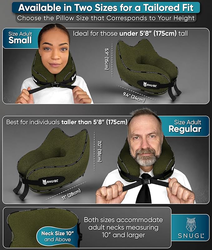 SNUGL Neck Travel Pillow - Memory Foam Airplane Pillow - Flight Pillow | Neck Support Travel Pillow with Carry Bag & Clip | Neck Pillows for Sleeping Travel Plane | Flying Travel Essentials - O.Green